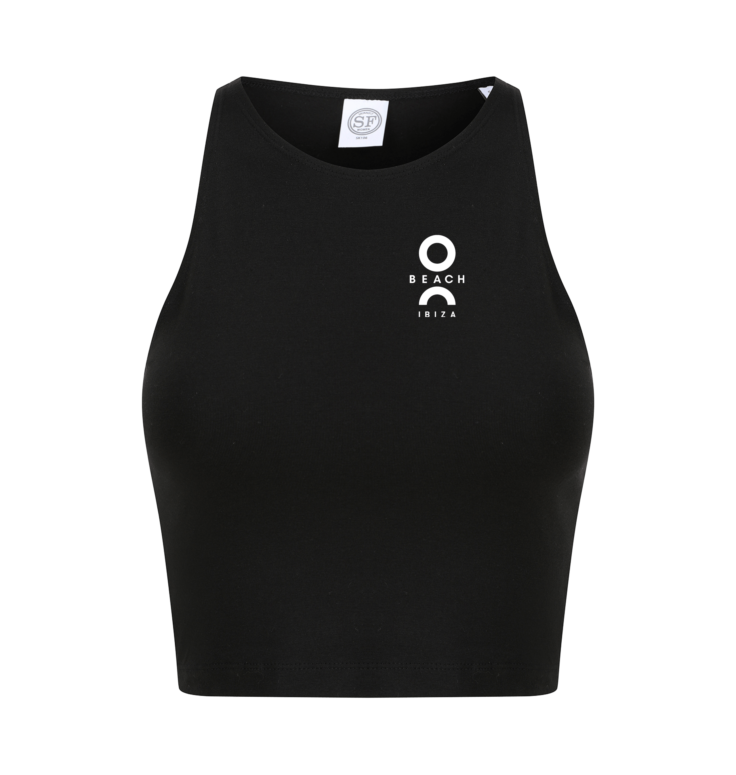O Beach white logo women's cropped top in black-O Beach Ibiza Store