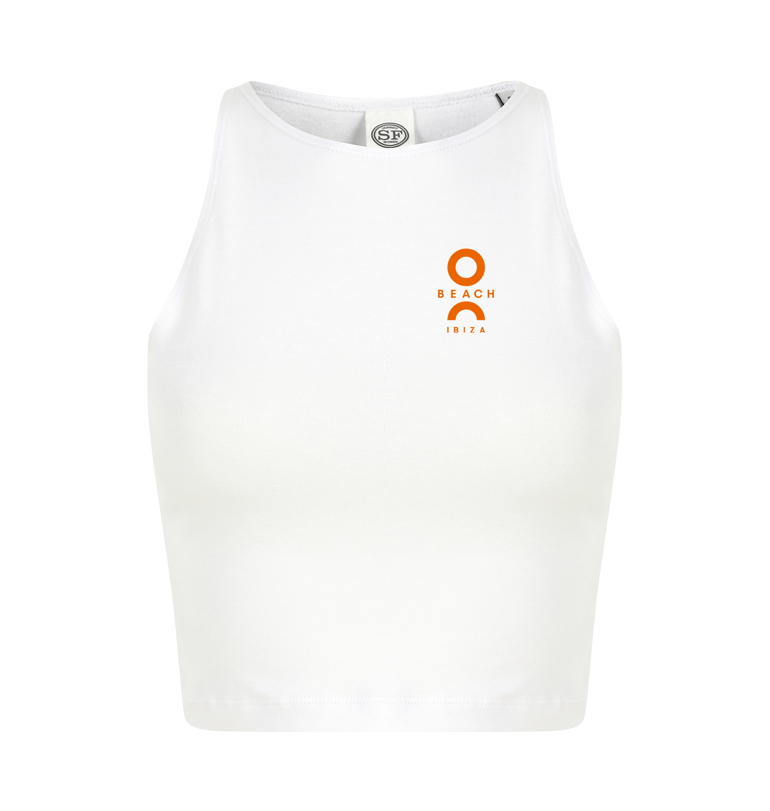 O Beach orange logo women's cropped top in white-O Beach Ibiza Store